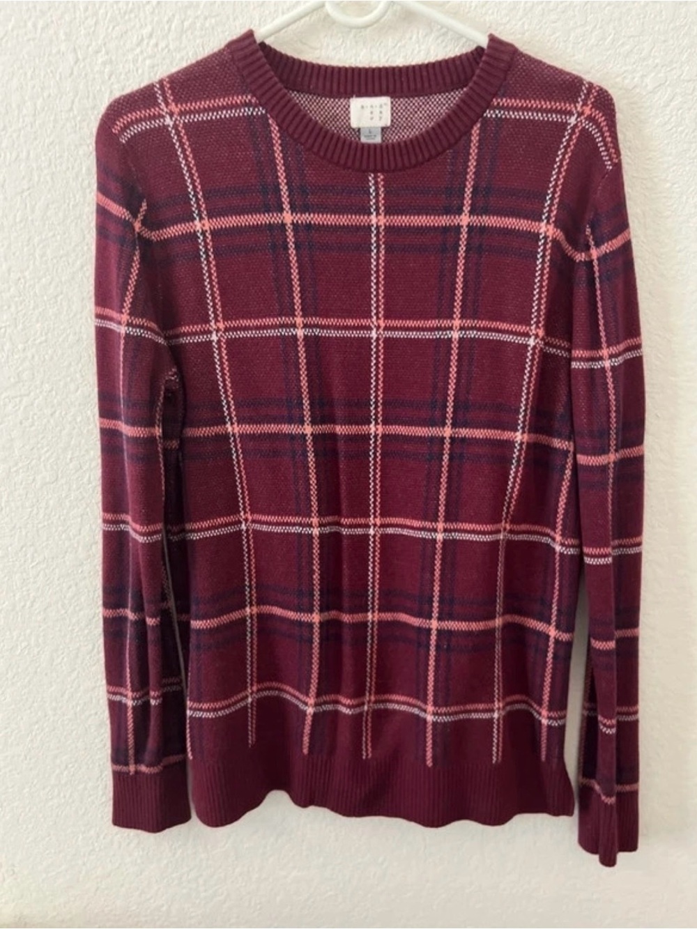 Liz Claiborne Burgundy Plaid Crewneck Sweater with Pink & Navy Accents